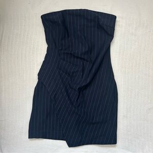 Navy Pinstripe Strapless Dress